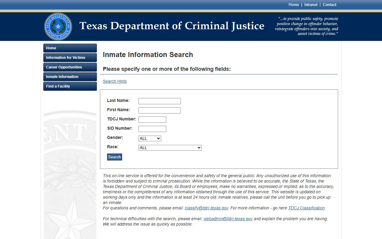 Daniel Webster Wallace Unit inmate lookup TDCJ search form