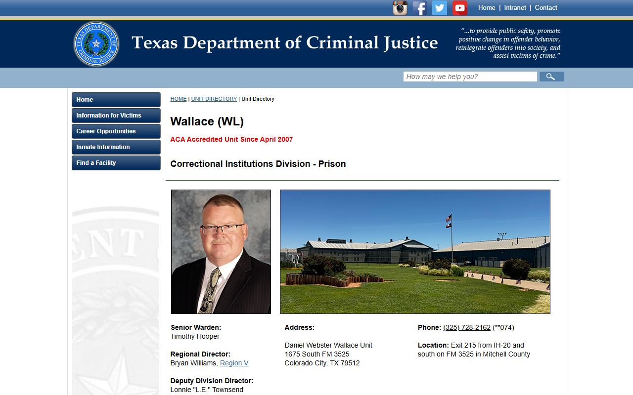 Daniel Webster Wallace Unit inmate records TDCJ facility page